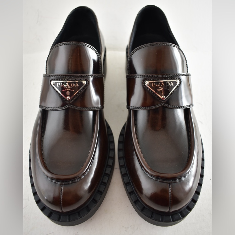 Prada Triangle Logo Fume Brown Black Platform Loafer Creeper Slip On Flat 41.5 - Picture 7 of 15